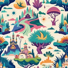 Seamless pattern of whimsical and fantastical brush strokes depicting imaginary landscapes or creatures, Generative AI