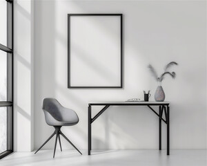 Mock Up Poster Frame on the wall in minimalist interior office room with desk table, luxury interior, 3d interior illustration