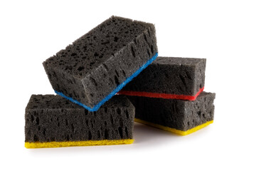 Black household sponges isolated on a white background. Sponge for washing dishes .