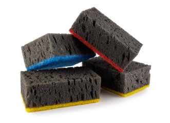 Black household sponges isolated on a white background. Sponge for washing dishes .