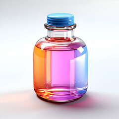 Colorful potion in glass bottle with blue cap. 3d render