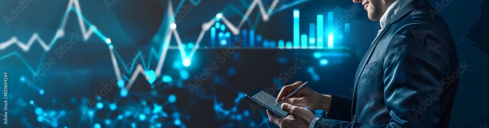 Poster a business professional uses a tablet and stylus to analyze digital data, focusing on finance, graph