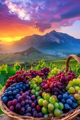 Tranquil vineyard scene  dusk beauty of lush grapevines laden with vibrant clusters