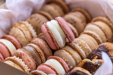 multicolored traditional french dessert macaroons, hand made bakery delicate cream