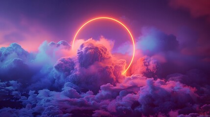 neon-lit ring, glowing in hues of orange and blue, set against a deep purple backdrop. This ring encompasses a fluffy cloud formation, which is illuminated by the neon light