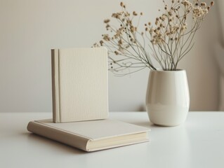 Fototapeta premium Minimalist still life with books and flowers