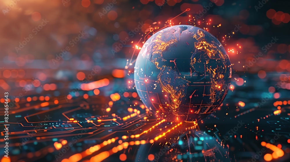 Poster 3d rendering earth with glowing orange data connections, centered on abstract circuit board backgrou