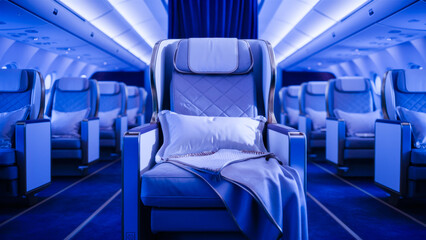 Fototapeta premium Luxurious airline seats with plush pillows and blankets, illuminated by blue lighting, depicting comfort and premium travel.concept of tourism, travel and recreation