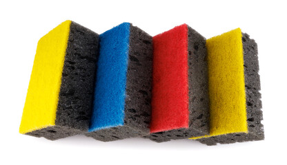 Black and colored household sponges laid out in a row isolated on a white background. Sponge for...