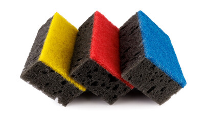 Black and colored household sponges laid out in a row isolated on a white background. Sponge for washing dishes .