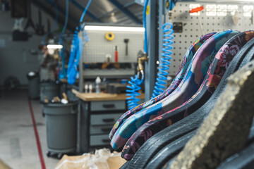 closeup shot of guitar different frames in the factory, producing guitars, guitar making process....
