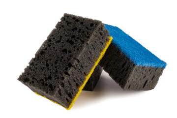 Multi-colored and black household sponges isolated on a white background. Sponge for washing dishes .