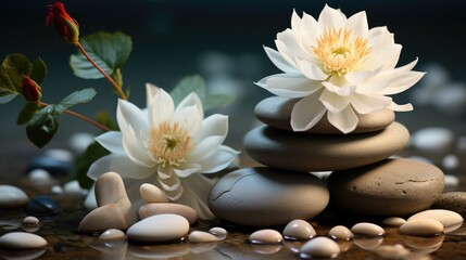 Obraz na płótnie Canvas Sand white lotus and spa stones in zen garden