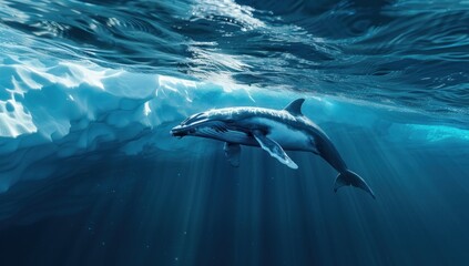 a realistic photo of A minke whale swimming in the icy waters near Greenland