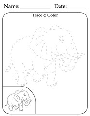 Elephant Printable Activity Page for Kids. Educational Resources for School for Kids. Kids Activity Worksheet. Trace and Color the Shape