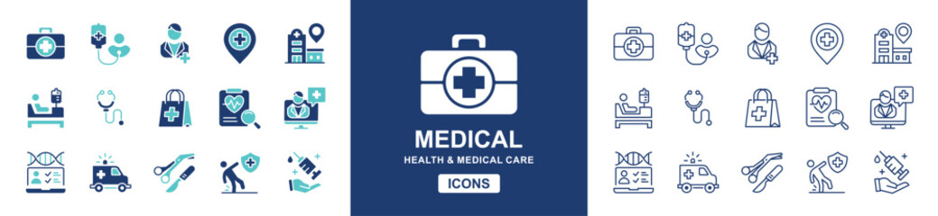 Obraz premium medical care icon vector set hospital health digital medicine diagnosis treatment signs illustration