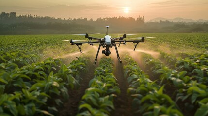 Fototapeta premium Aerial view of Spraying agricultural chemicals from a drone in the field. Generative AI.