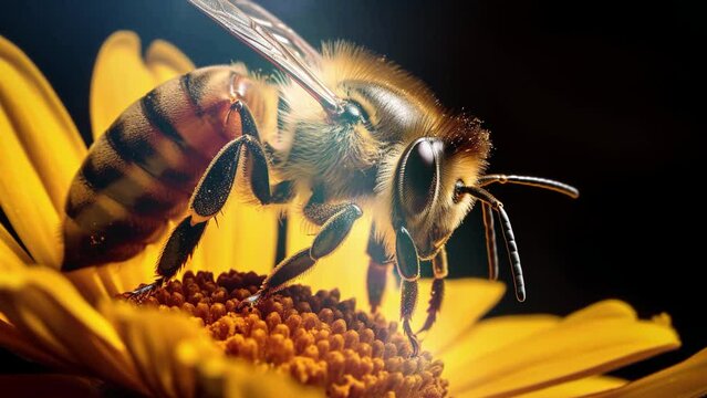 World Bee Day. honey bee, apis mellifera, anatomical structure of an insect, bee bathed in pollen, pollinating insect, dandelion flower, yellow flower, anthers, stamens, pollination, worker bee
