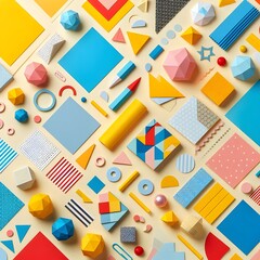 AI Generate of Background texture of Fashion Papers in Memphis Geometry Style. Yellow, blue, light blue, red and pastel pink colors. Top view, flat lay.