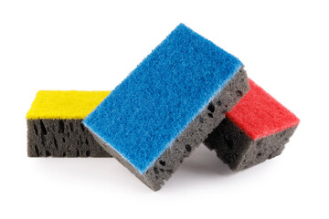 Multi-colored and black household sponges isolated on a white background. Sponge for washing dishes...