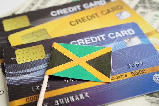 Jamaica flag on credit card, finance economy trading shopping online business.