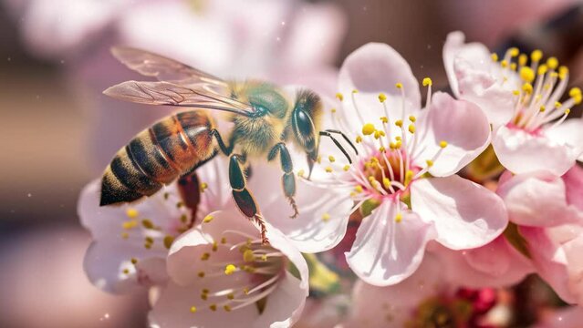 World Bee Day. honey bee, apis mellifera, anatomical structure of an insect, bee bathed in pollen, pollinating insect, dandelion flower, yellow flower, anthers, stamens, pollination, worker bee