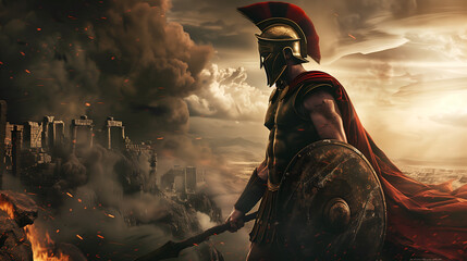 illustration of a Spartan warrior in the midst of battle with copy space 
