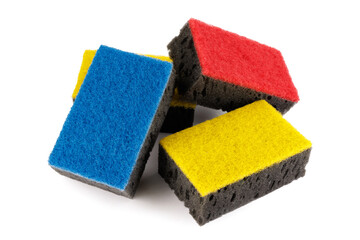 Multi-colored and black household sponges isolated on a white background. Sponge for washing dishes .