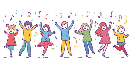 Fototapeta premium Happy smiling people dance and celebrate, simple shapes, flat colors, cartoon doodle illustration isolated on white background