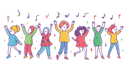 Fototapeta premium Happy smiling people dance and celebrate, simple shapes, flat colors, cartoon doodle illustration isolated on white background