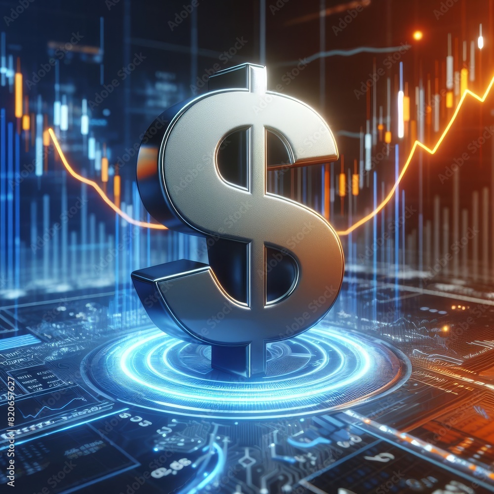 Aufkleber a 3d-rendered silver dollar symbol glowing on a digital blue background with financial graphs and da