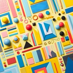 AI Generate of Background texture of Fashion Papers in Memphis Geometry Style. Yellow, blue, light blue, red and pastel pink colors. Top view, flat lay.