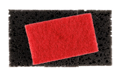 Red and black household sponge isolated on a white background. Sponge for washing dishes .