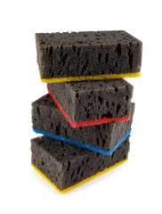 Stack of Black household sponges isolated on white background. Sponge for washing dishes .