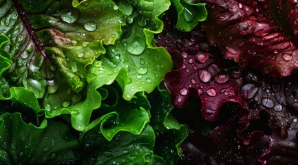 Fresh green and red lettuce leaves with water droplets