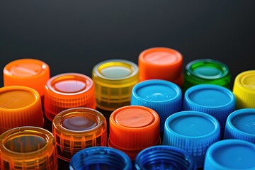 Isolated plastic caps. Recycle, reuse and reduce concept. PVC, PET. Bright background