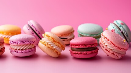Fototapeta premium Assortment of colorful macarons on pink background