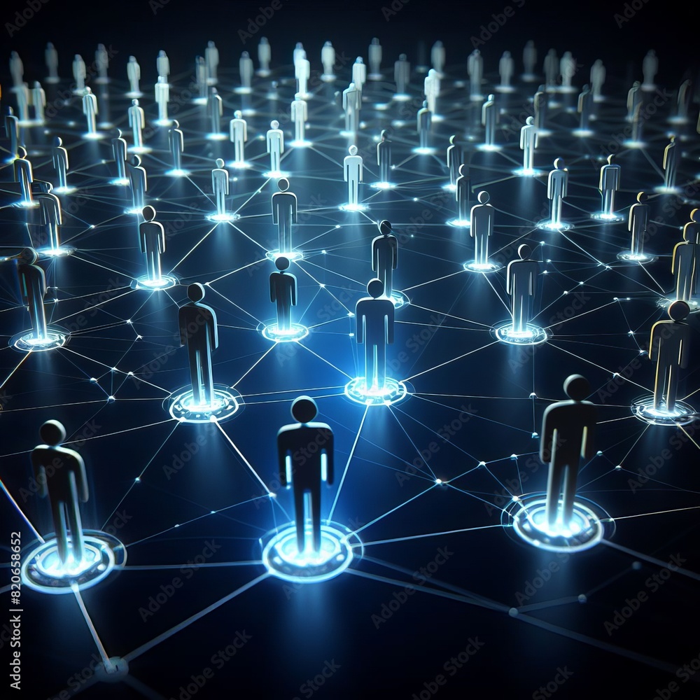Poster digital artwork depicting a network of illuminated human figures interconnected by luminous lines ag