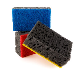 Stack of black multi-colored household sponges isolated on a white background. Sponge for washing dishes .