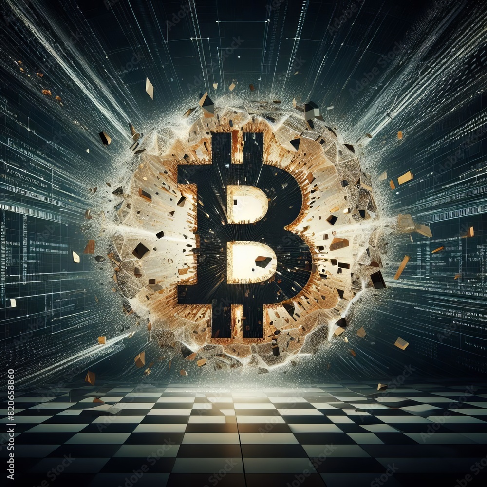 Poster Dramatic depiction of a Bitcoin exploding in a digital space, with flying debris and dynamic light effects, symbolizing market volatility.. AI Generation