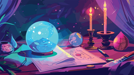 Accessories of fortune teller on table Vector illustration