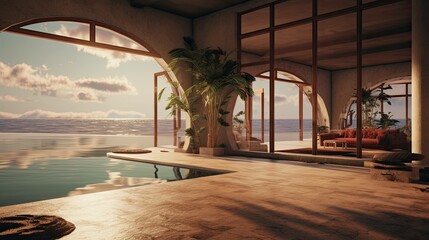Fototapeta premium Beach with a hut. AI generated art illustration.