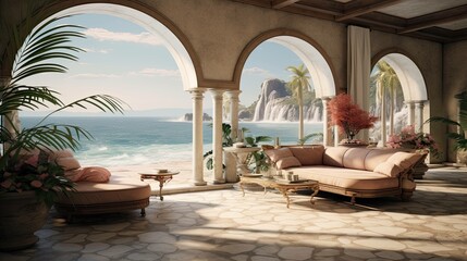 Obraz premium Beach with a hut. AI generated art illustration.
