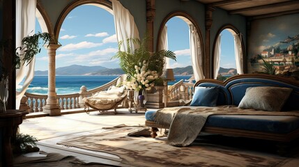 Beach with a hut. AI generated art illustration.