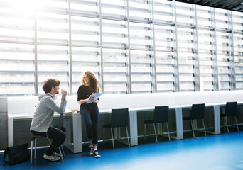 Young university students studying togeter in library, talking, preparing for final exam. Study...