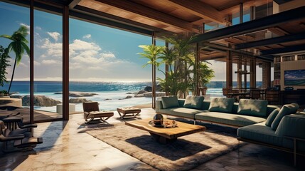 Obraz premium Beach with a hut. AI generated art illustration.