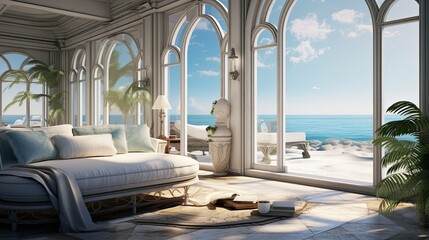 Fototapeta premium Beach with a hut. AI generated art illustration.