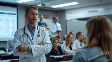 A doctor explaining a medical breakthrough to a group of students in a modern lecture hall, the bright and airy room filled with a sense of hope and progress. Generative AI.