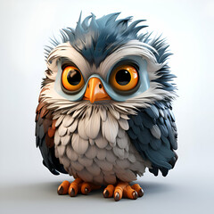 Fototapeta premium Cute cartoon owl with blue eyes. 3d render illustration.