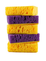 A tower of yellow and purple sponge isolated on a white background. Dishwashing sponge